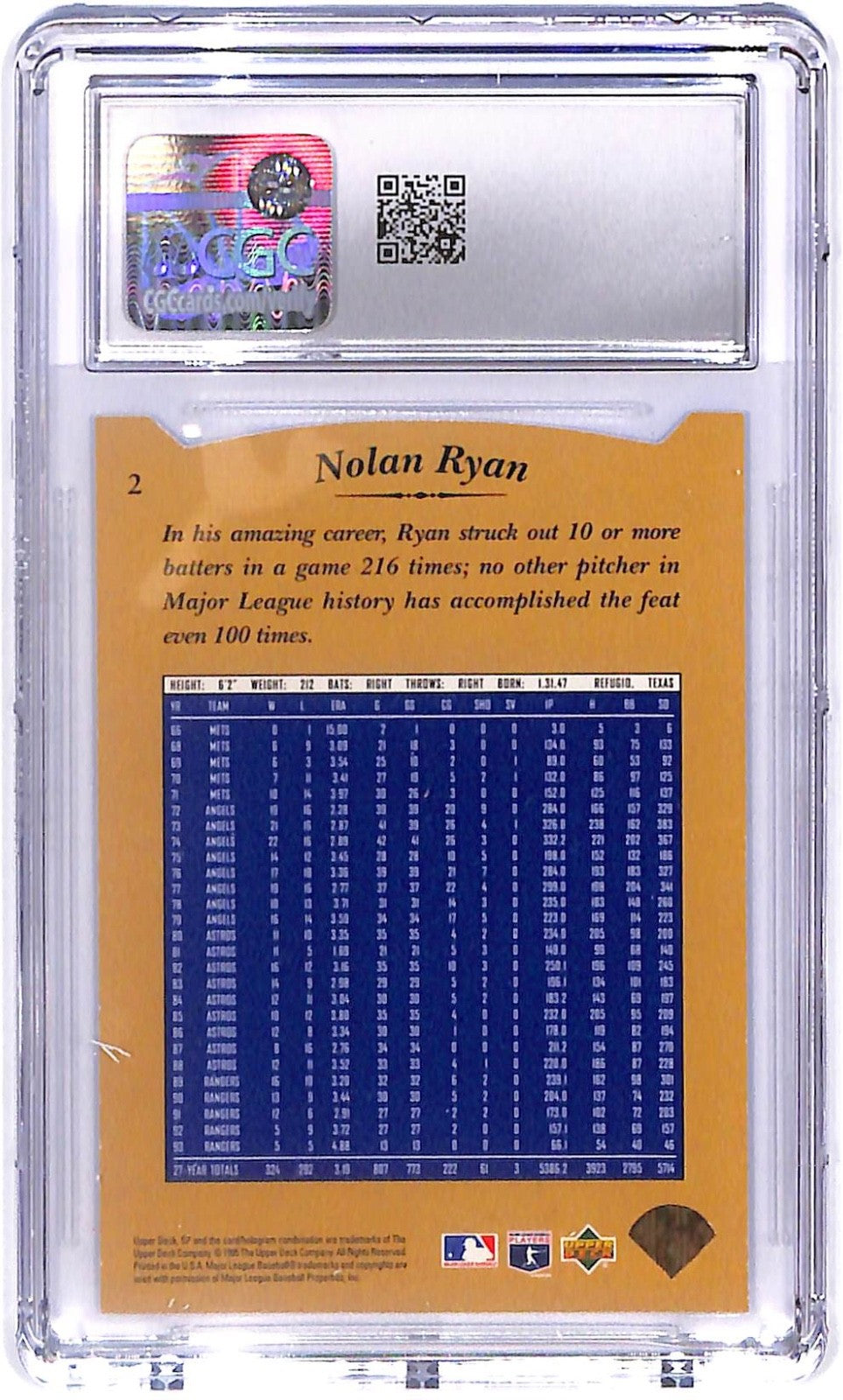 1995 Nolan Ryan Taxas Rangers SP #2 Die-Cut CGC Mint 10