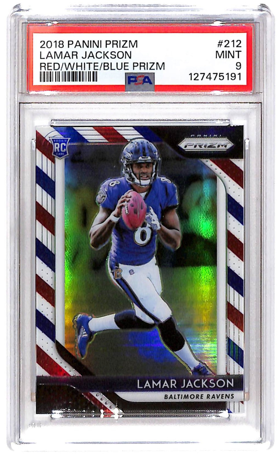 2018 Lamar Jackson Panini Prizm Red White & Blue Prizm (RC) - #112 PSA 9