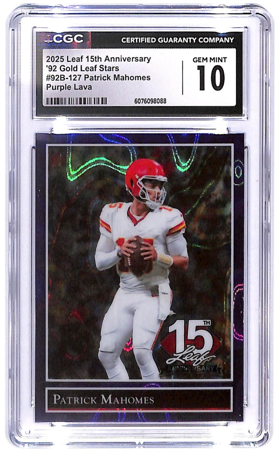 2025 Patrick Mahomes Leaf 15th An. '92 Gold Stars #92B-127 Purple Lava CGC 10