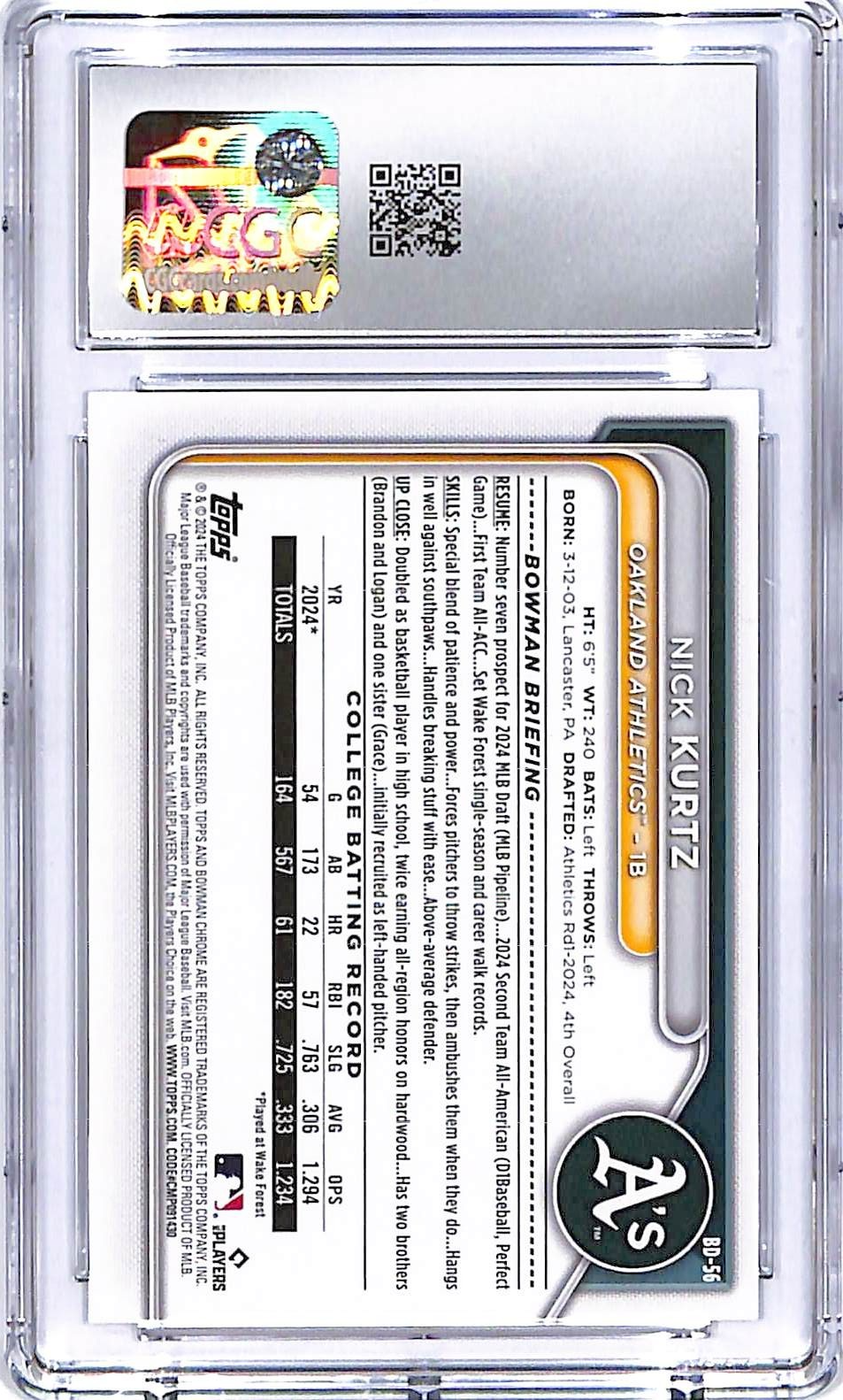 2024 Bowman Draft Nick Kurtz Rookie RC #56 CGC 10 Athletics