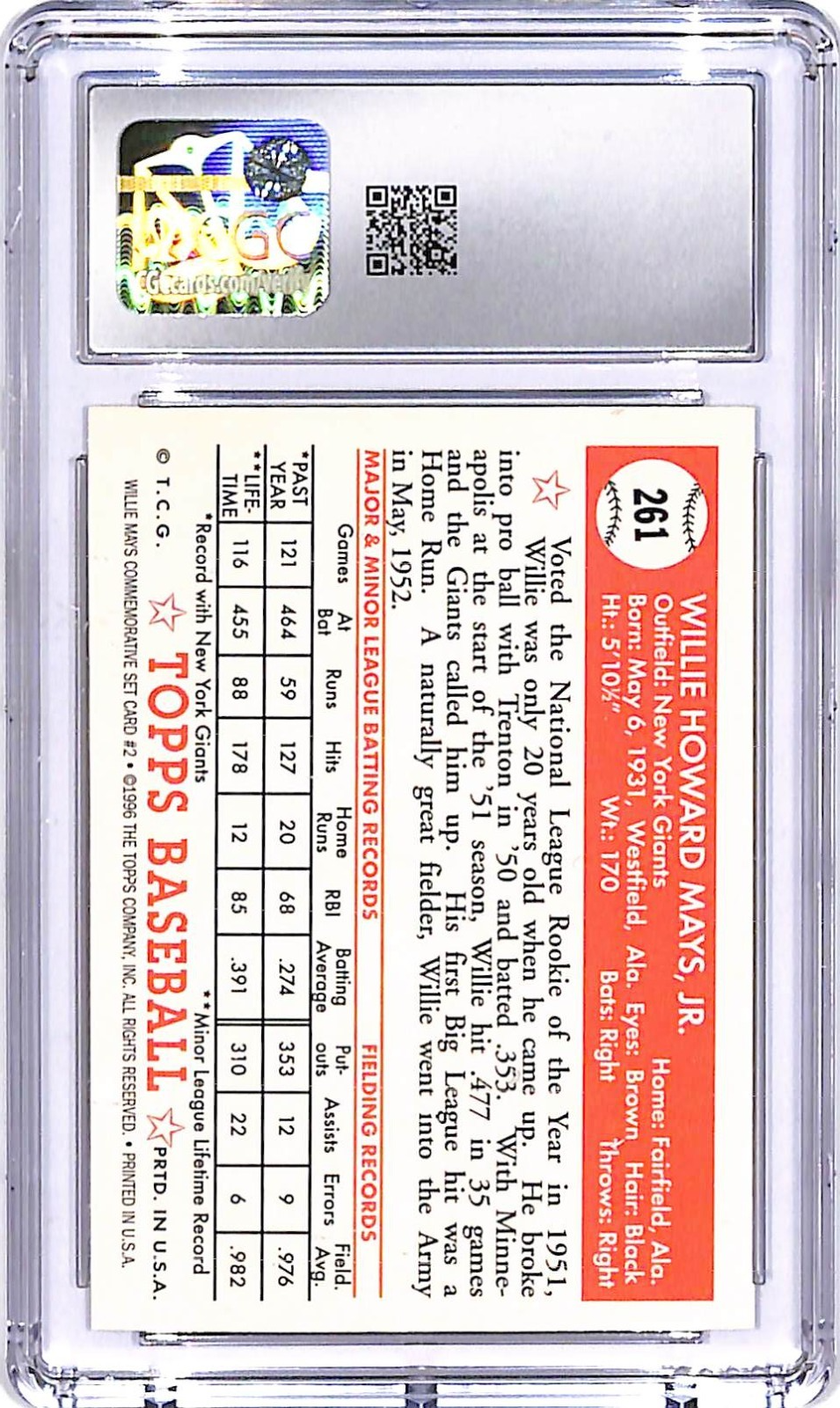 1997 Topps Willie Mays Reprints 52 Topps #2 CGC 9.5 Giants
