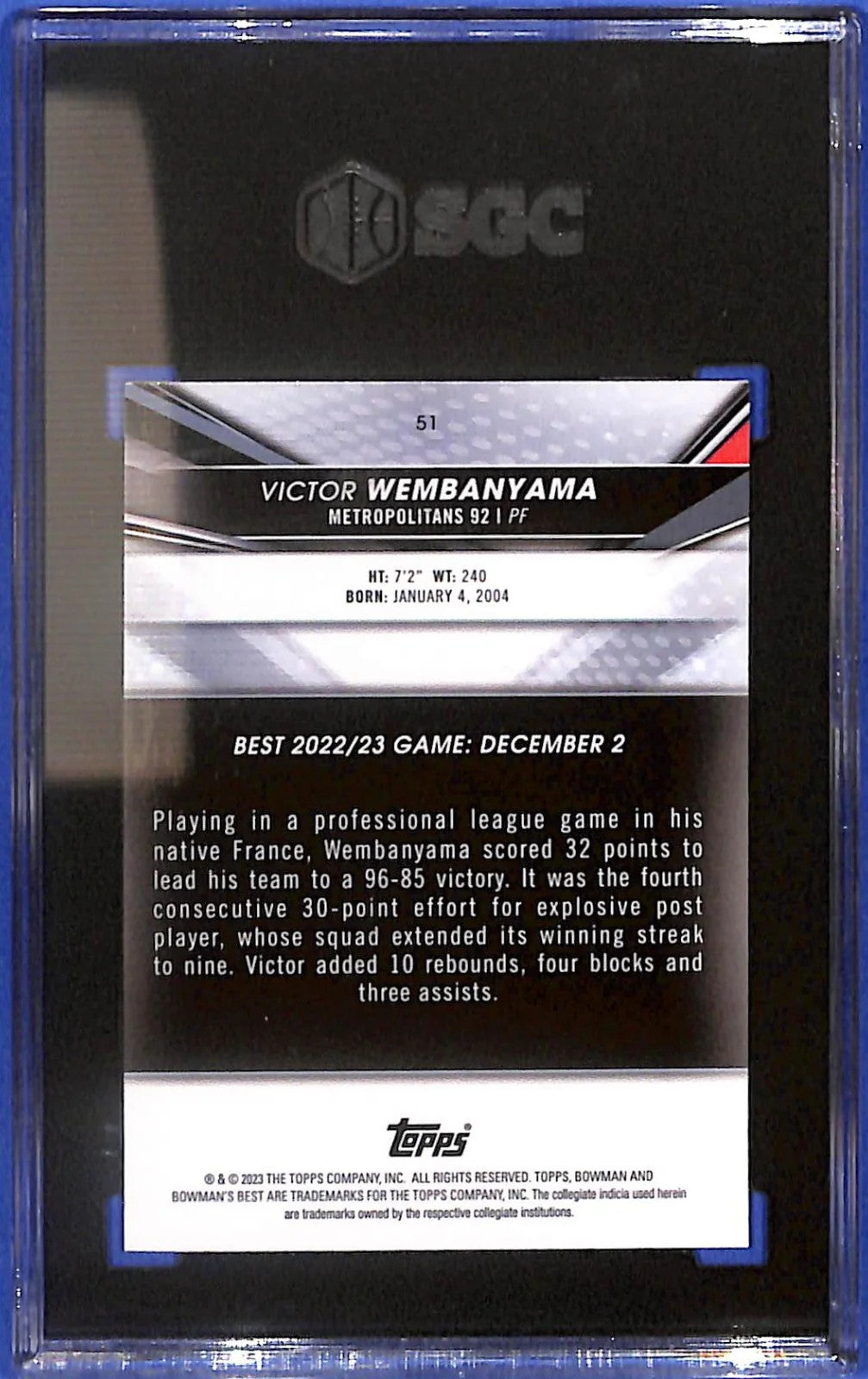 2022-23 Bowman University Best - Victor Wembanyama #51 (RC) SGC 10 GM