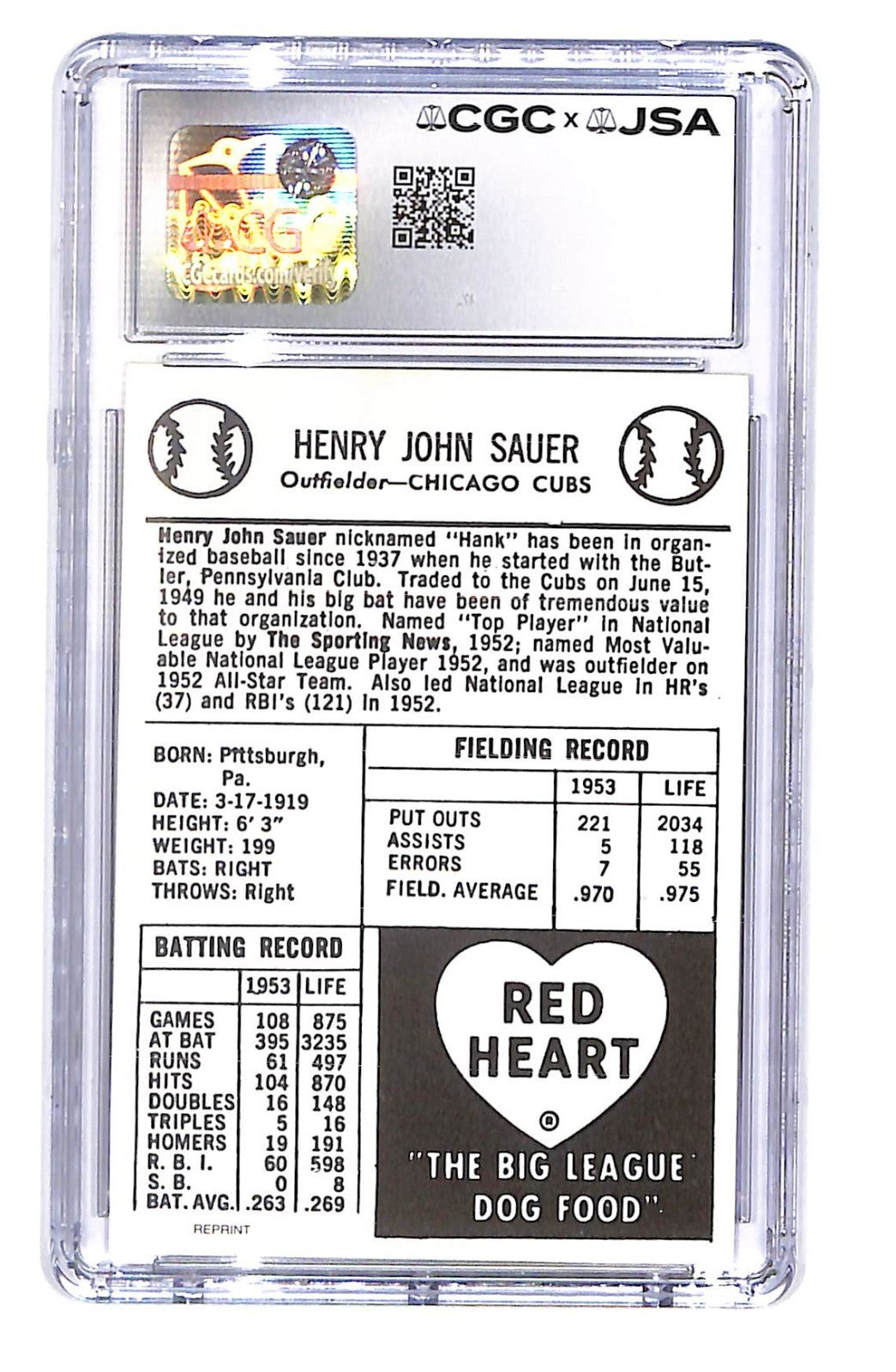 1991 Hank Sauer Red Heart Dog Food '54 Reprint Autograph CGA Authentic Auto 8