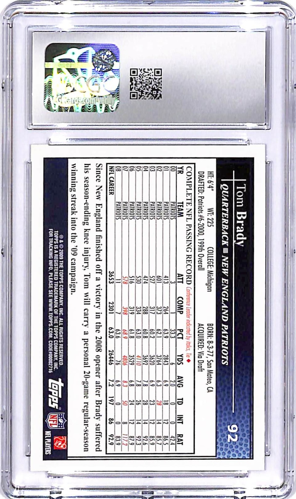 2009 Topps Kickoff Tom Brady #92 CGC 9 Patriots