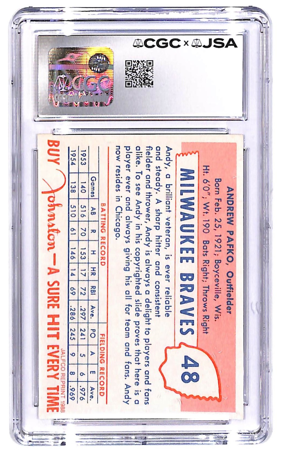 1988 Andy Pafko JALFCO '55 Johnston Cookies #48 CGC - JSA Authentic 8.5 Auto 10