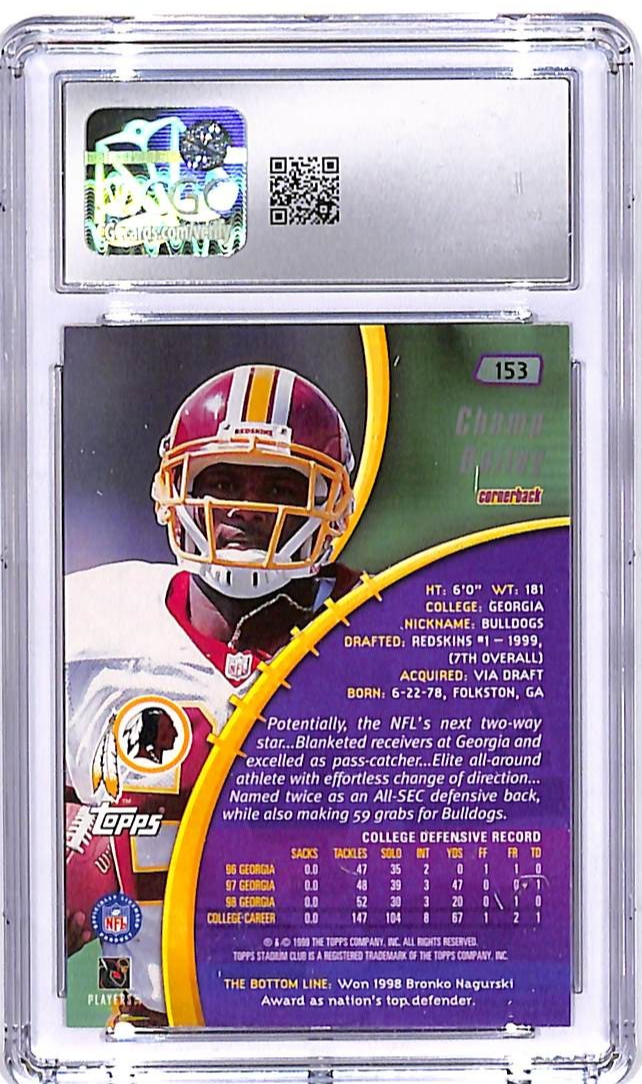 1999 Stadium Club Champ Bailey Rookie RC #153 CGC 10 Redskins