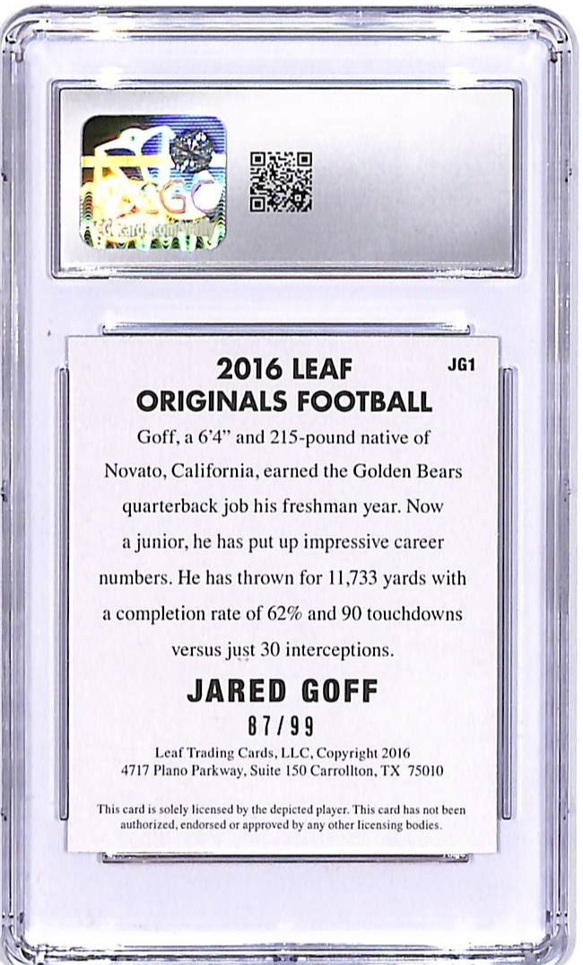 2016 Leaf Originals Jared Goff Rookie RC Yellow /99 CGC 10