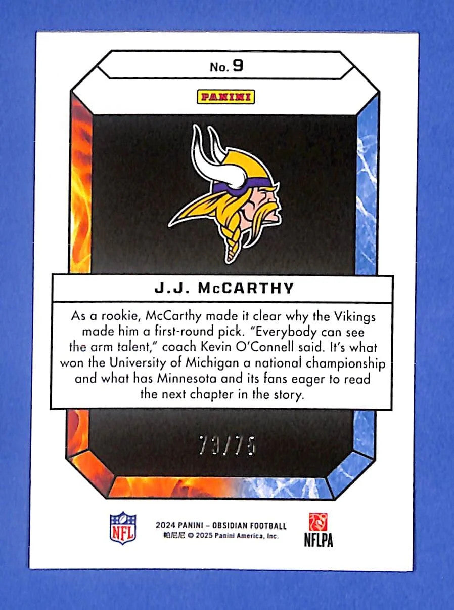 2024 Panini Obsidian Fire and Ice J.J. McCarthy #9 Red #73/75 (RC