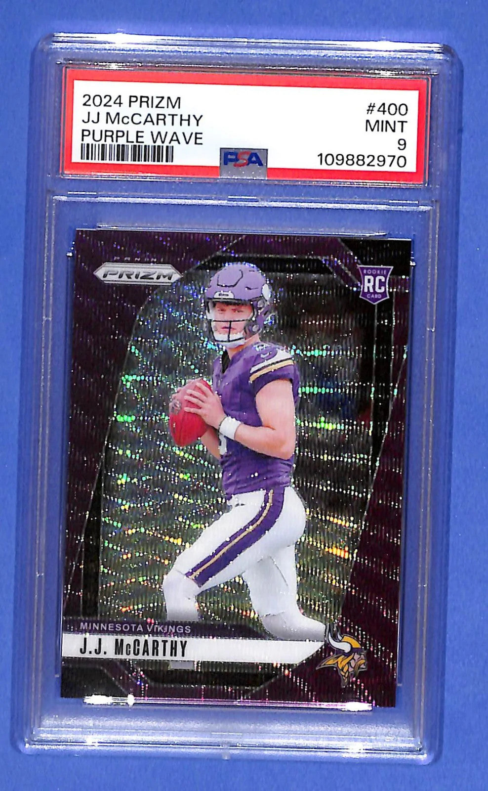 2024 Panini Prizm Rookies J.J. McCarthy #400 Purple Wave Prizm /99 (RC) PSA 9