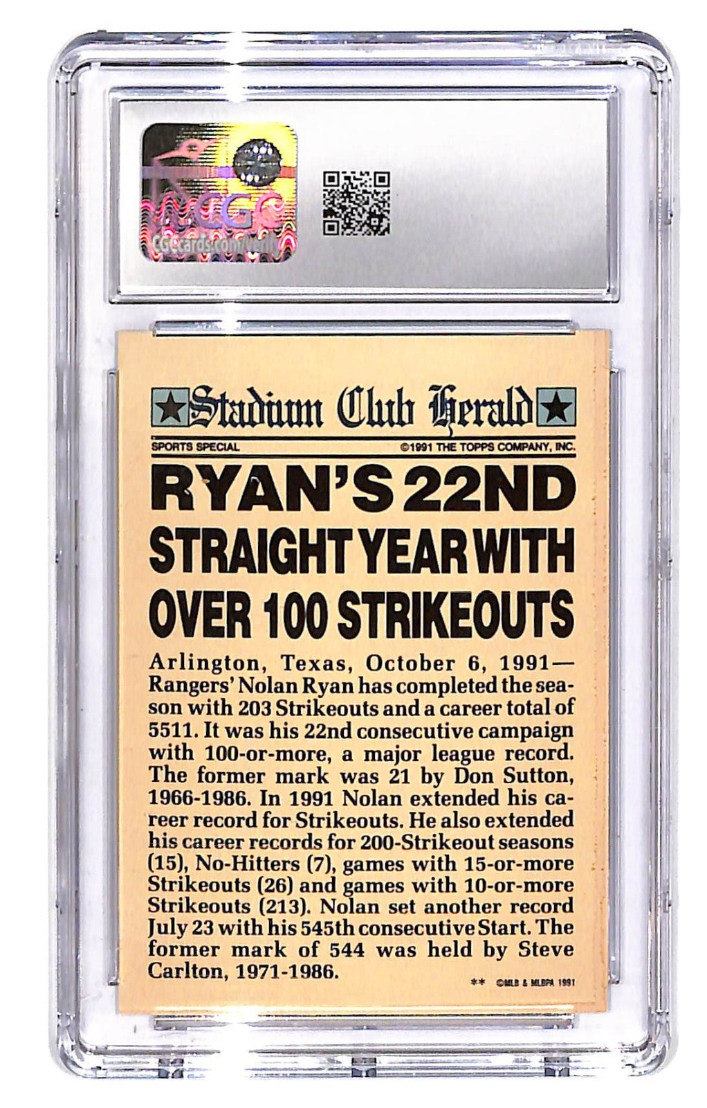 1991 Nolan Ryan Topps Stadium Club Members Only CGC Gem Mint 10