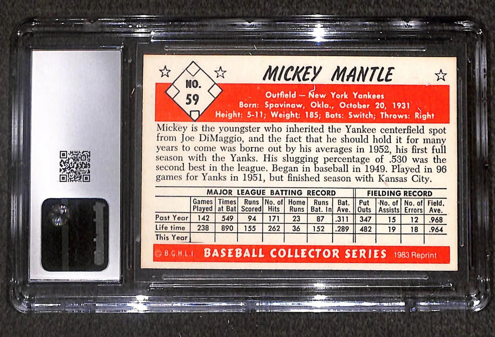 1983 C.C.C. 1953 Bowman Color Reprints Mickey Mantle #59 CGC 8 MT/NM (HOF)