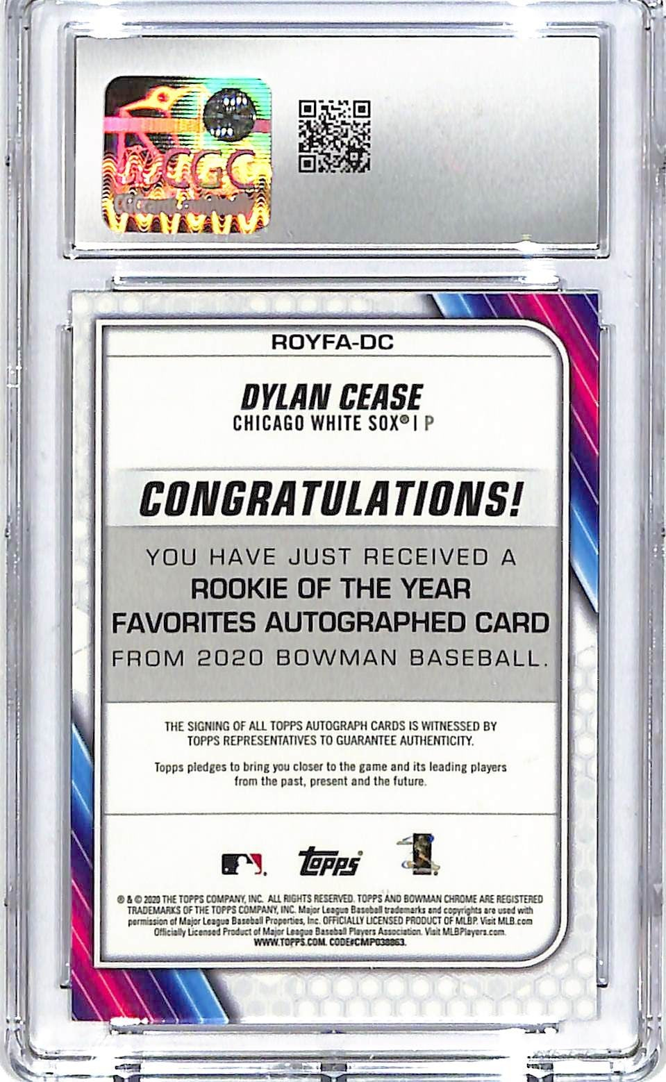 2020 Bowman Chrome Mega Box Dylan Cease Rookie of the Year Favorites Auto CGC 10