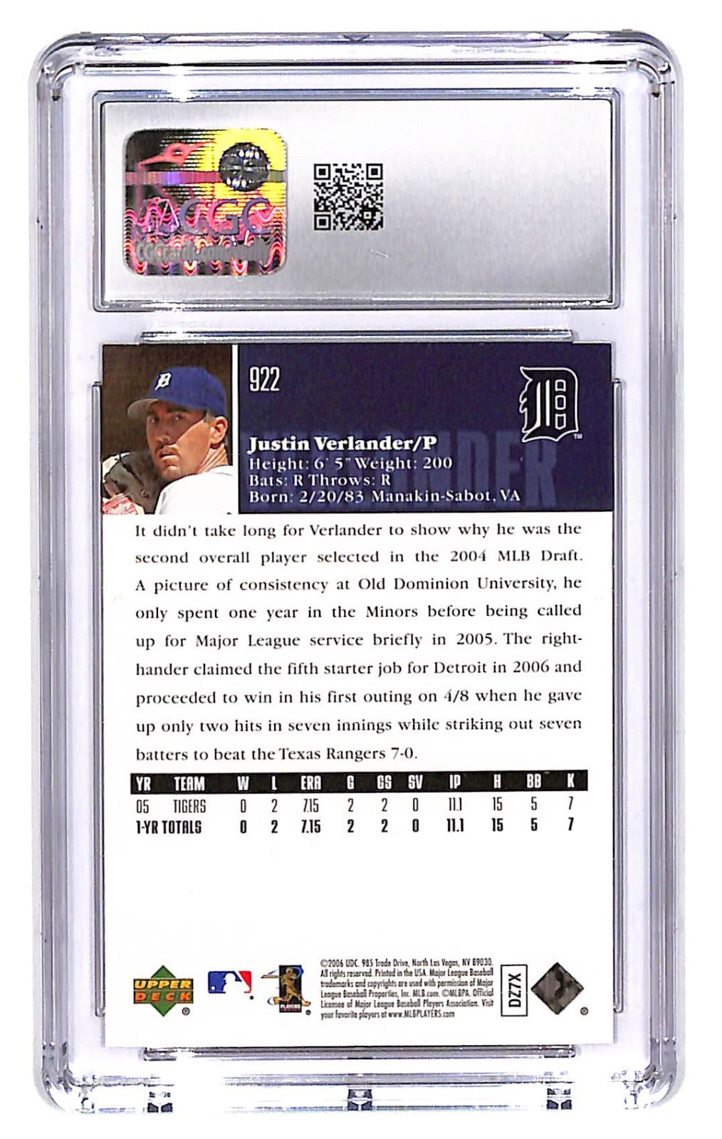 2006 Justin Verlander Upper Deck -#922 CGC Mint 10