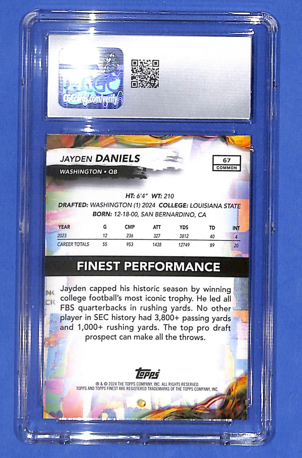 2024 Topps Finest - Common Jayden Daniels #67 (RC) CGC 10 Gem Mint Commanders