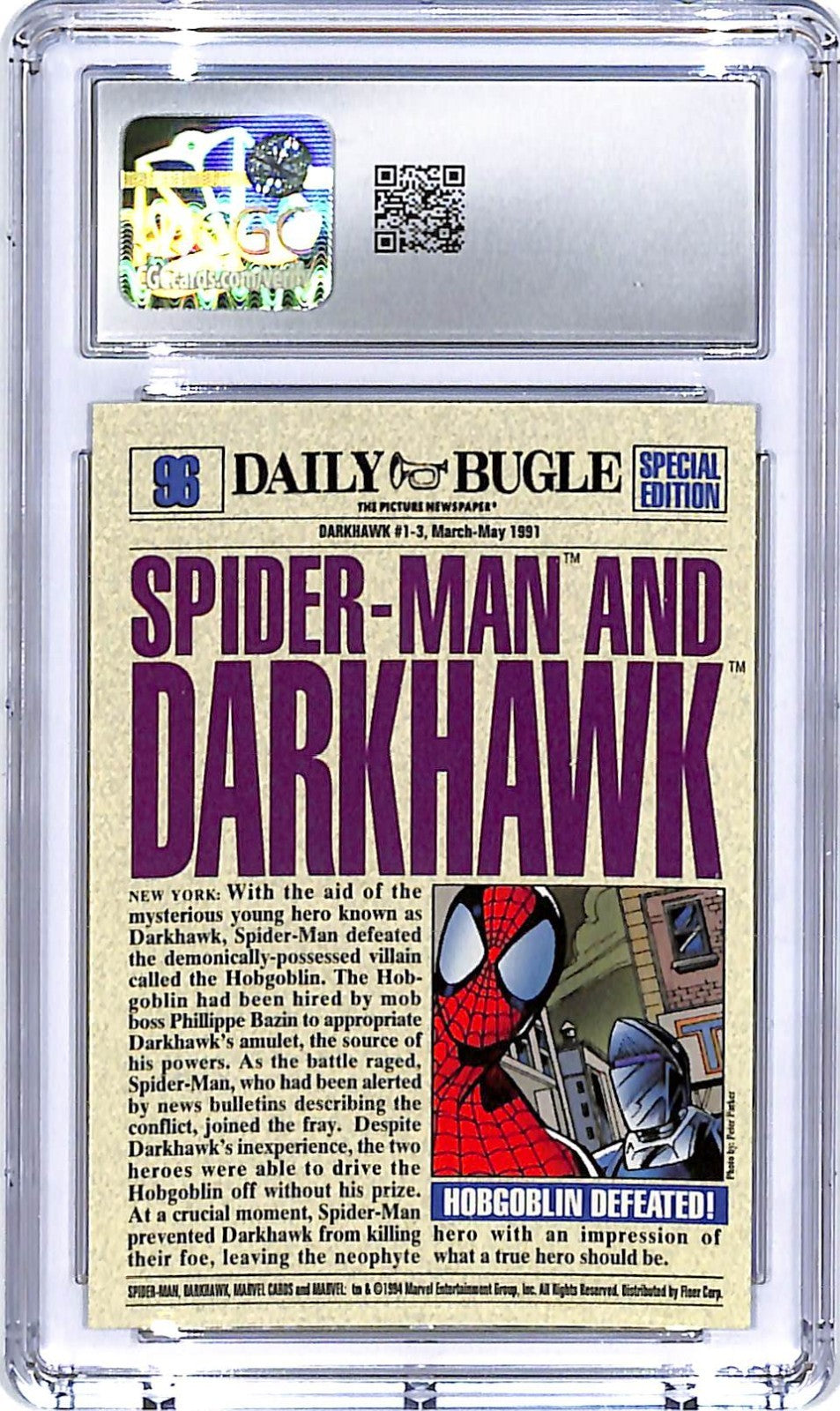 1994 Fleer Marvel Amazing Spider-Man 1st Edition Spider-Man Darkhawk #96 CGC 10