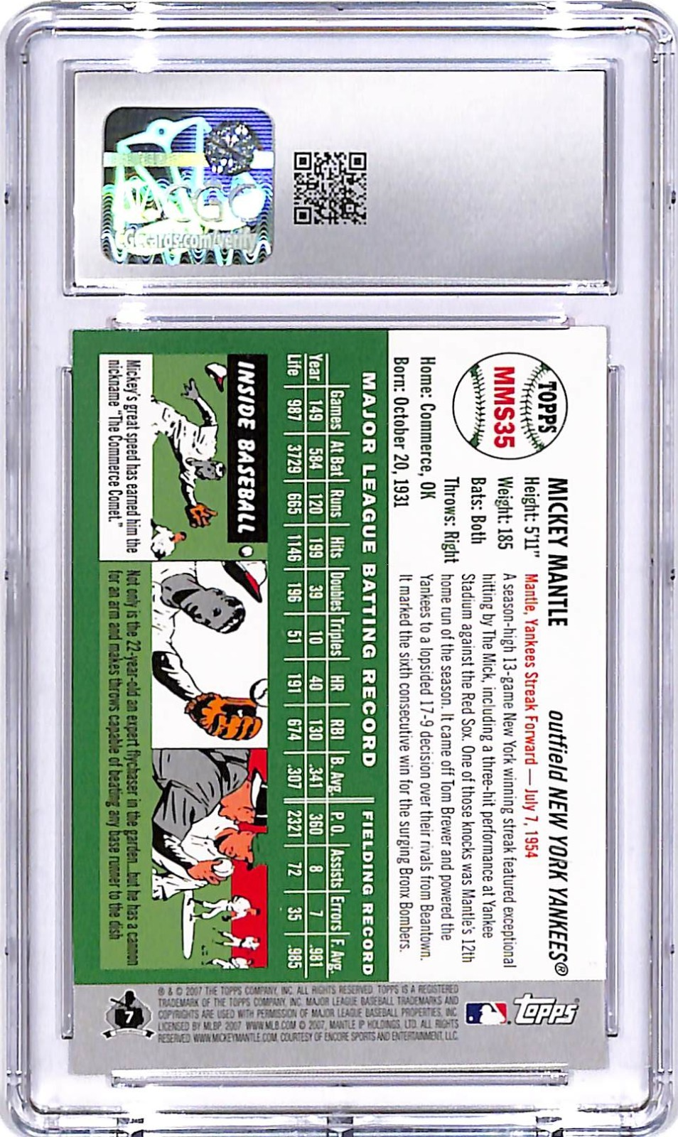 2007 Topps Mickey Mantle Story MMS35 CGC 10 Yankees