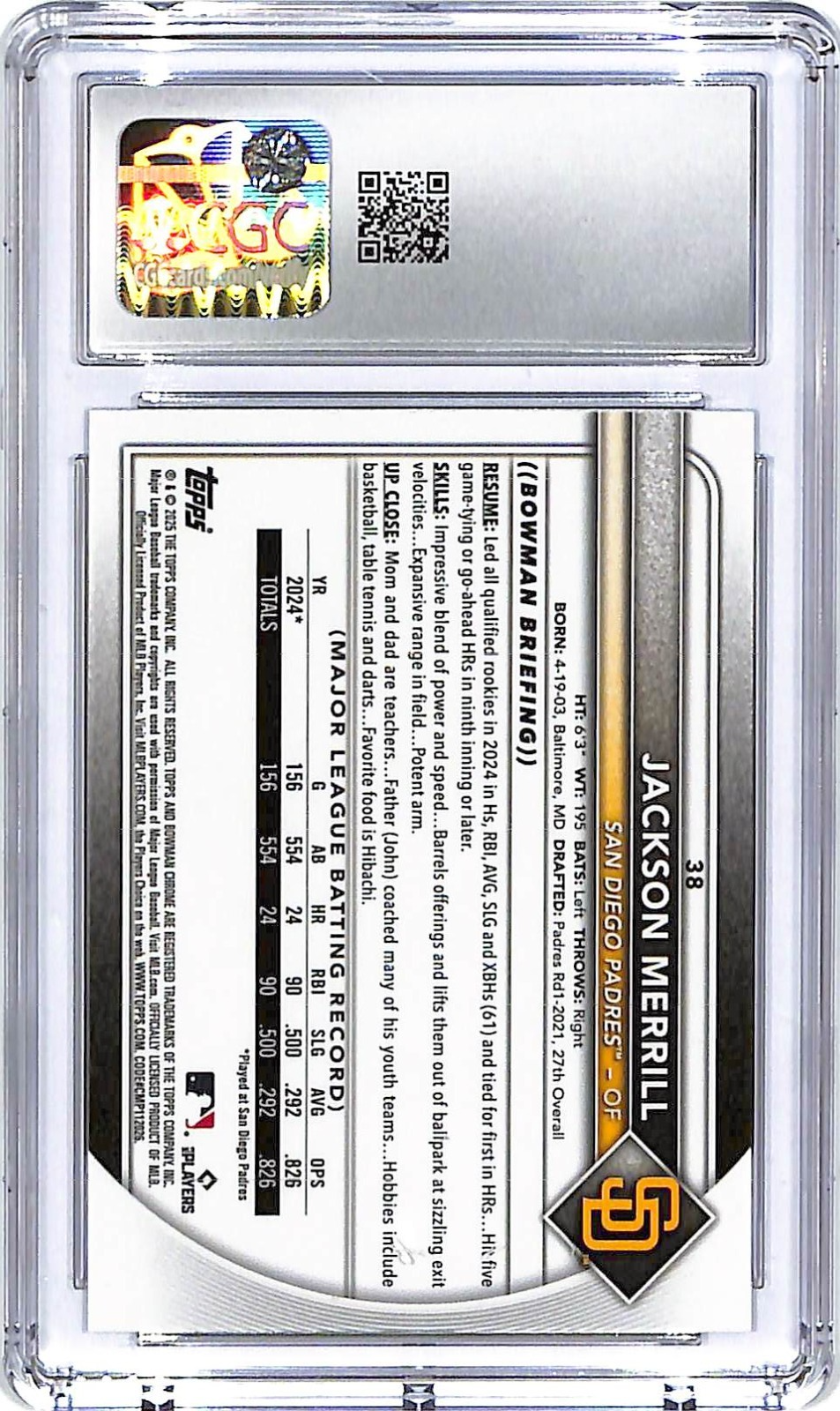 2025 Bowman Chrome Jackson Merrill Geometric Refractor /499 #38 CGC 10 Padres
