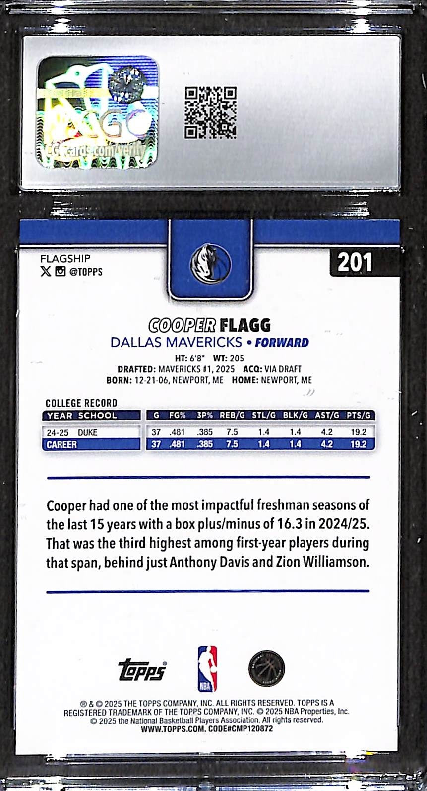 2025-26 Topps - Cooper Flagg #201 (RC) CGC 9.5