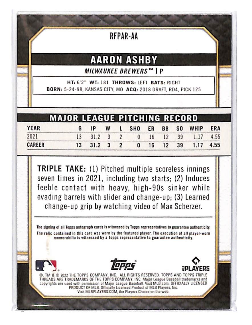 2022 Arron Ashby Topps Triple Threads Relic Auto (RC) - RFPAR-AA #19/99