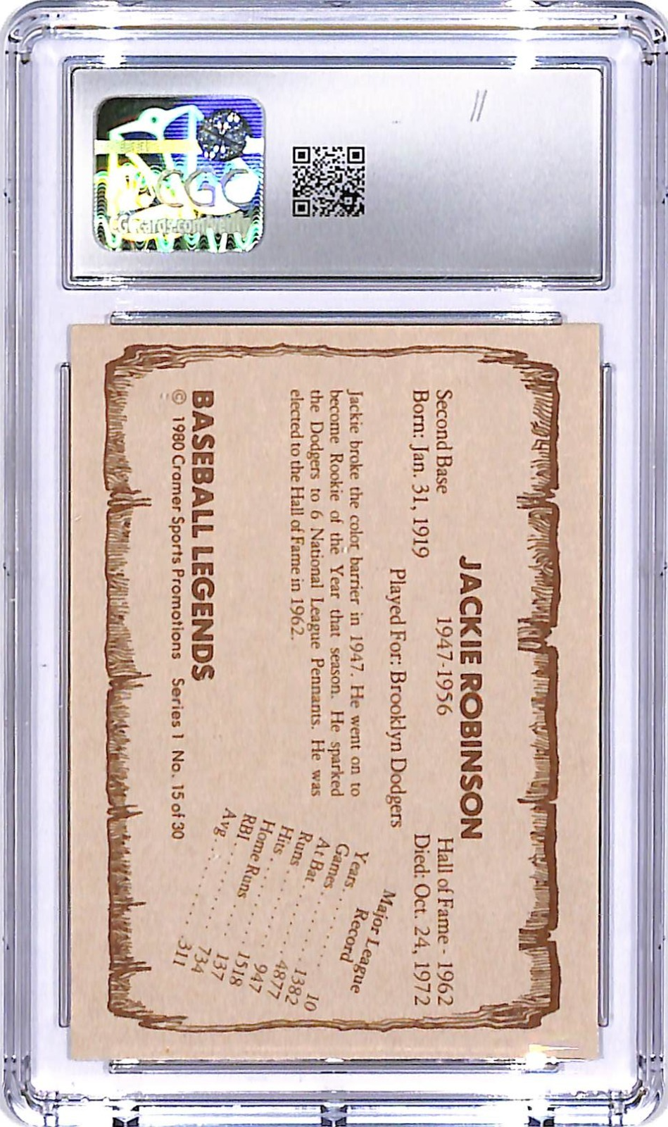 1980 Cramer Baseball Legends Jackie Robinson #15 CGC 9.5 Dodgers