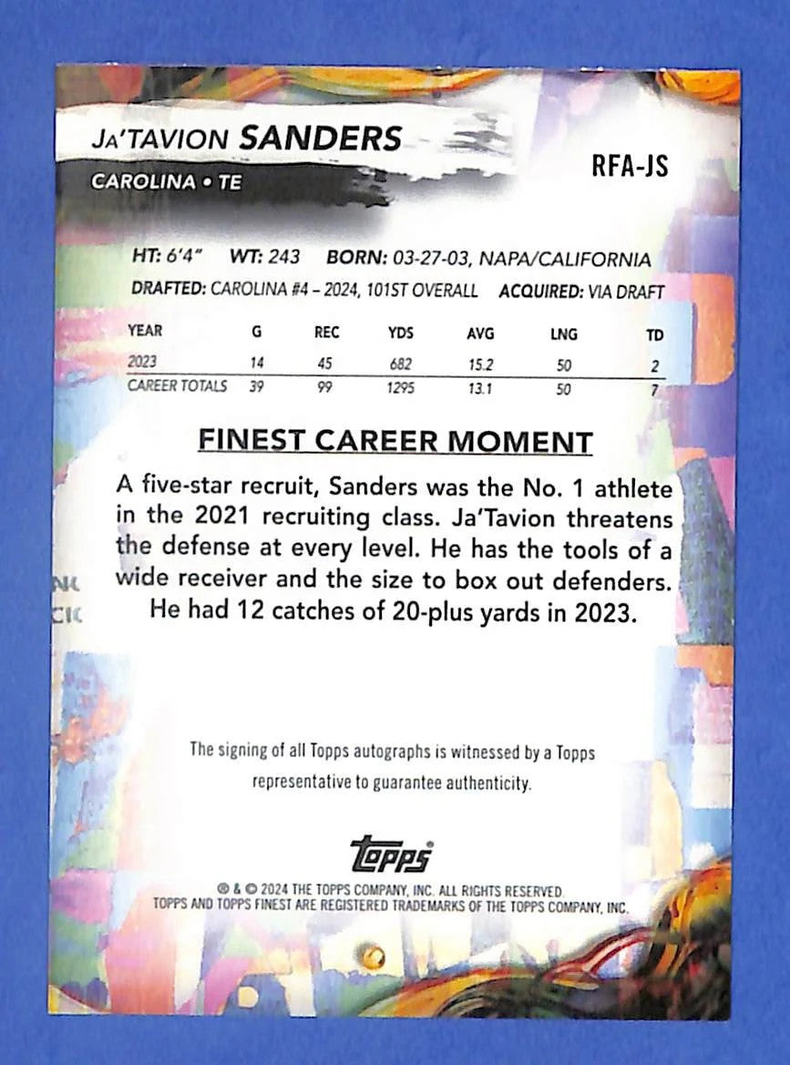 2024 Topps Finest #RFA-JS JaTavion Sanders Blue Refractor Auto RC /99 Panthers