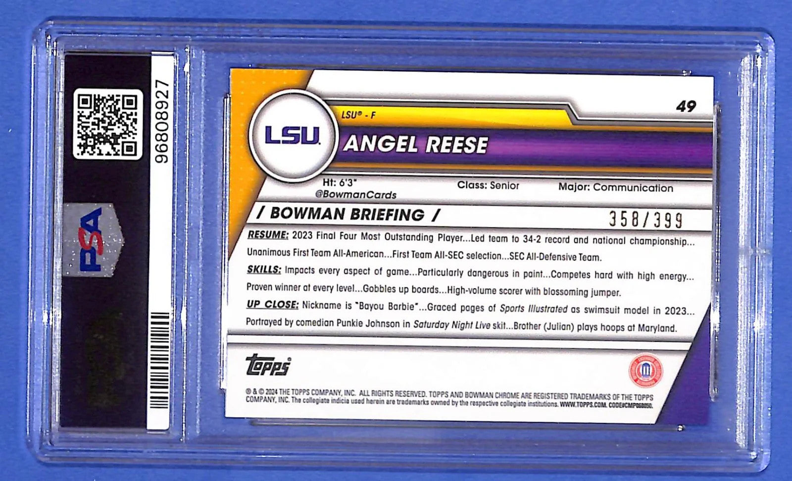 2023-24 Bowman University Chrome Angel Reese Purple Refractor (RC) #/399 PSA 9
