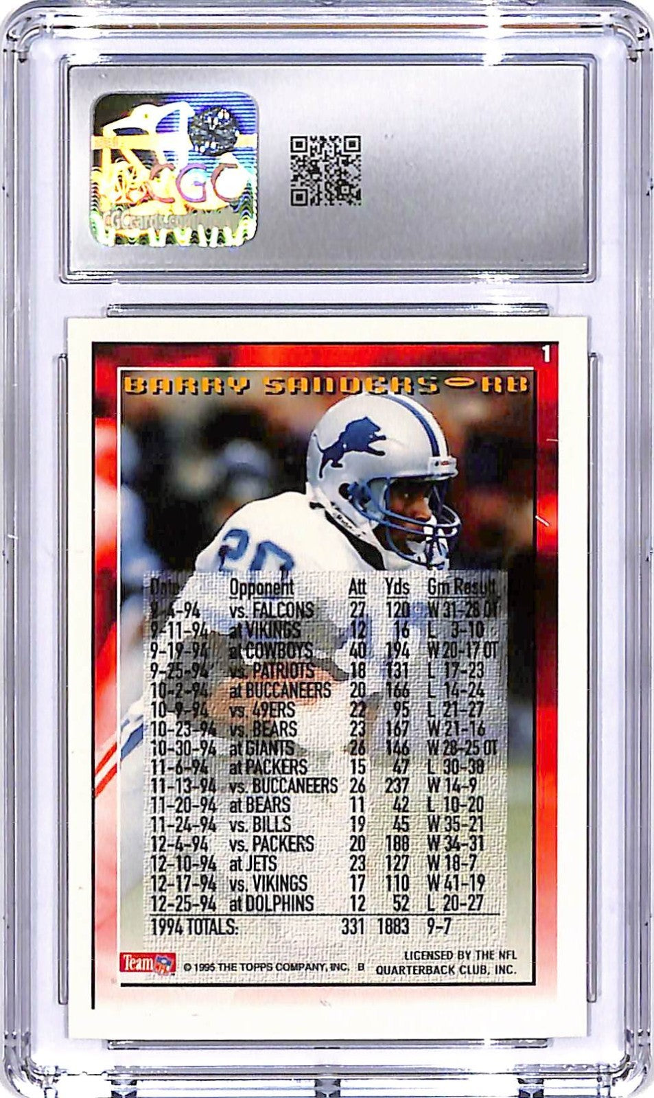 1995 Topps Barry Sanders 1000 Yard Club #1 CGC 9.5 Lions