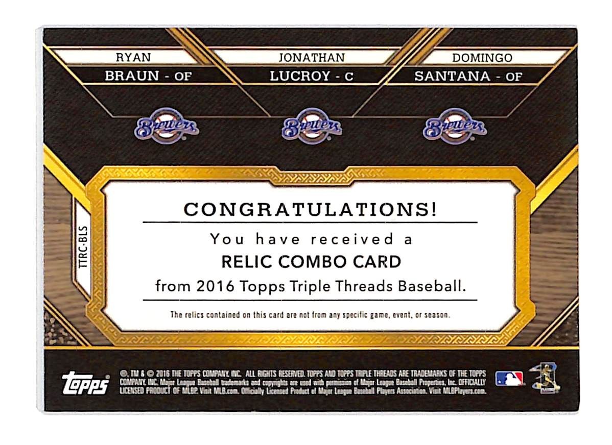 2016 Braun, Lucroy, Santana Topps Triple Threads Gold TTRC-BLS #2/9