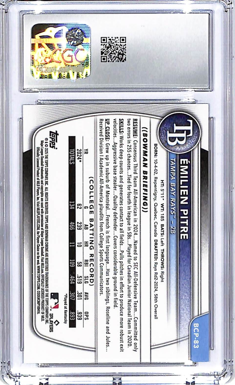 2025 Bowman Chrome Emilien Pitre Reptilian Gold Refractor Prospect /50 CGC 10 RC