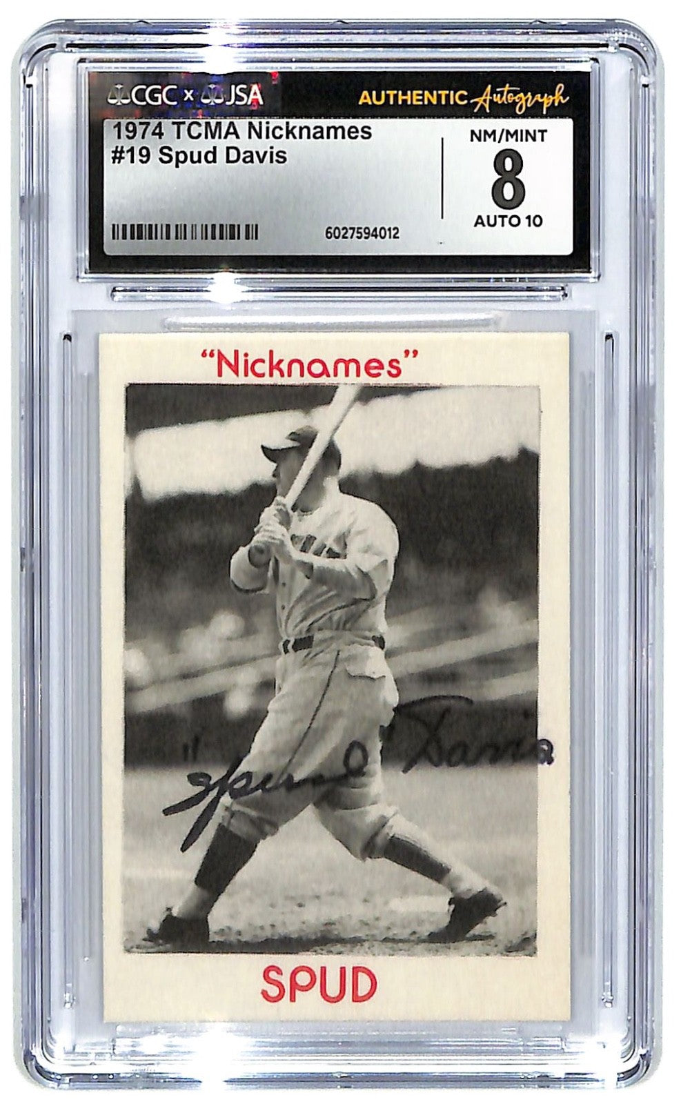 1974 TCMA Spud Davis "Nicknames" - #19 Auto CGC 8 - JSA Authentic Auto 10