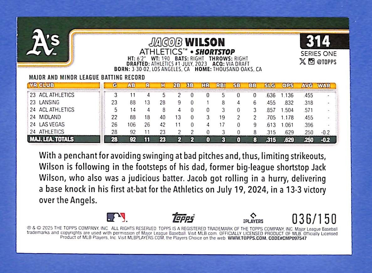 2025 Topps Series 1 - Jacob Wilson #314 Blue Rainbow #36/150 (RC) Athletics