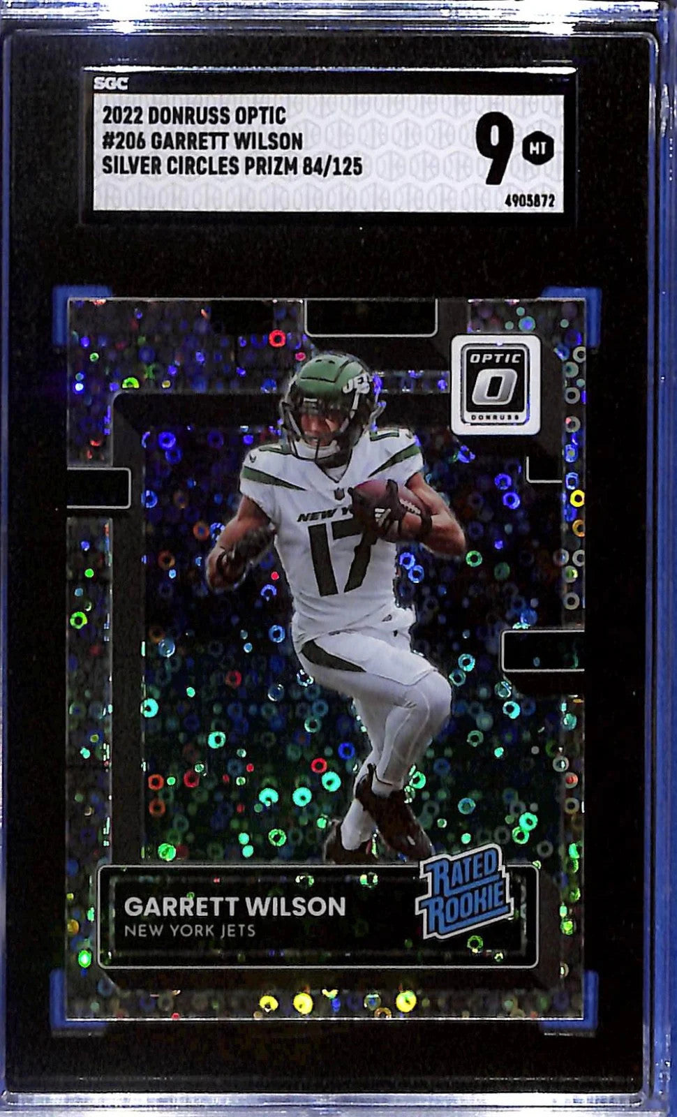 2022 Garrett Wilson Donruss Optic Rated Rookie #206 Silver Circles #84/125 SGC 9