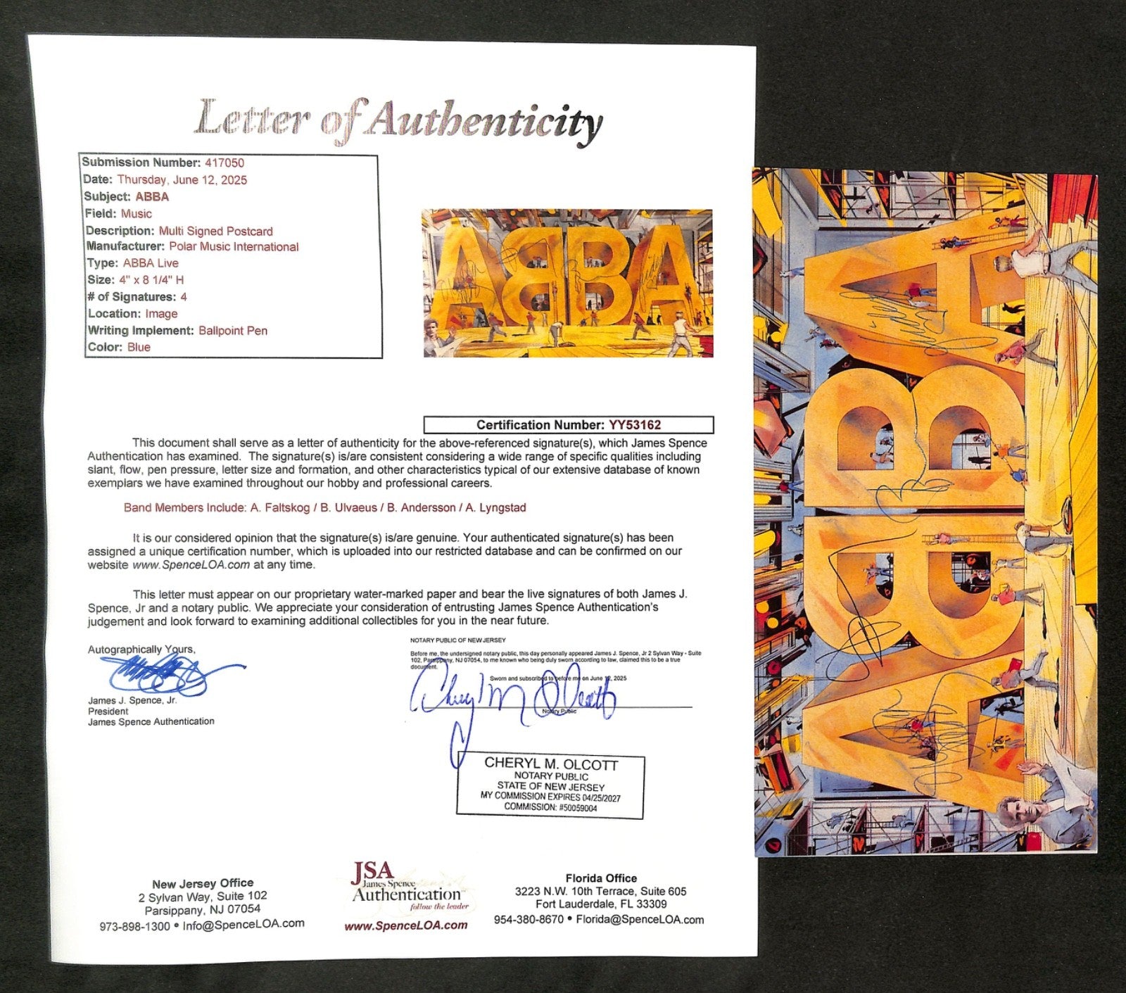 ABBA 8.25"x4" Postcard Autograph JSA Authentic
