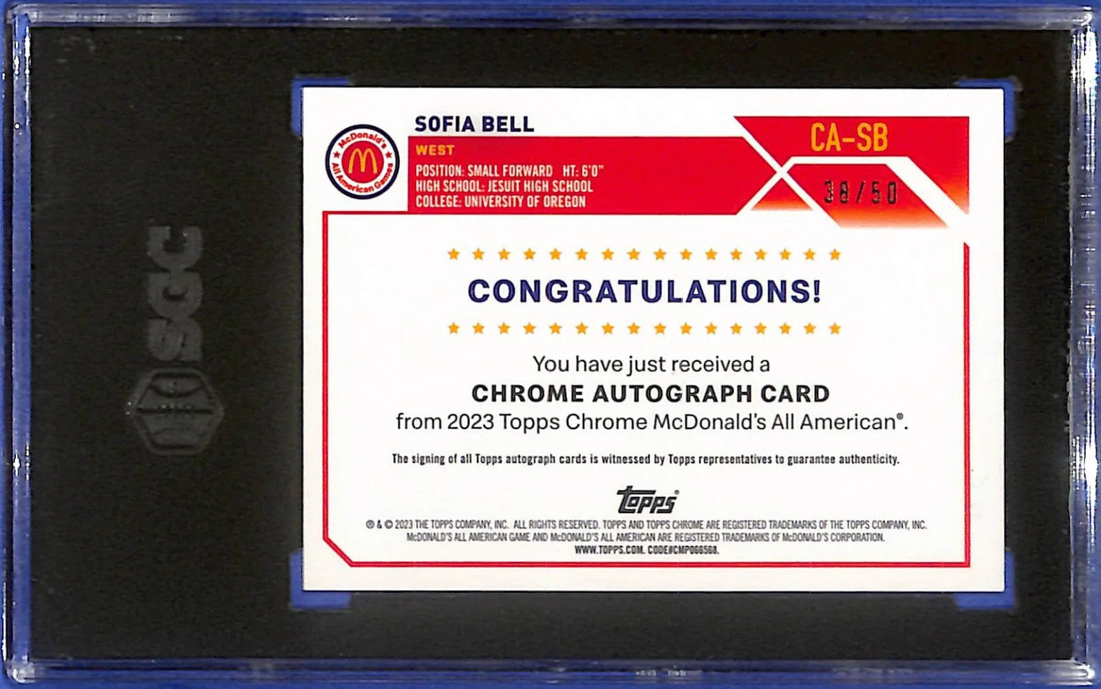2023 Topps Chrome McD. A.A. Chrome Auto Sofia Bell Auto Gold Wave #/50 SGC 9