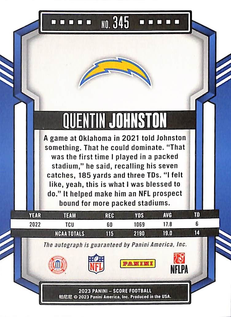 2023 Score Quentin Johnston Auto Autograph Rookie RC Chargers