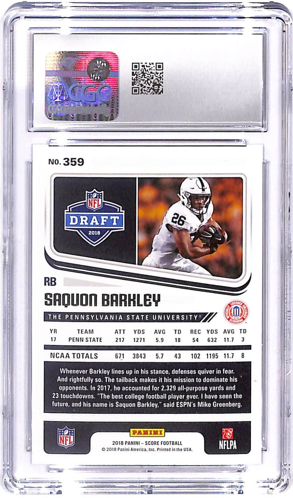 2018 Saquon Barkley Score - Rookies Penn State #359 (RC) CGC Mint 10