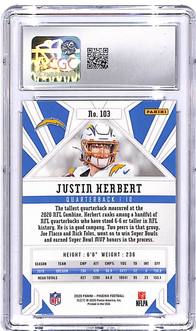 2020 Chronicles Justin Herbert Rookie RC Fire Burst CGC 9 Chargers