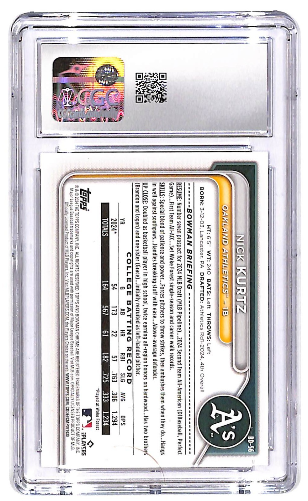2024  Nick Kurtz Bowman Draft - #BD-56 (Bowman 1st) CGC Mint 10