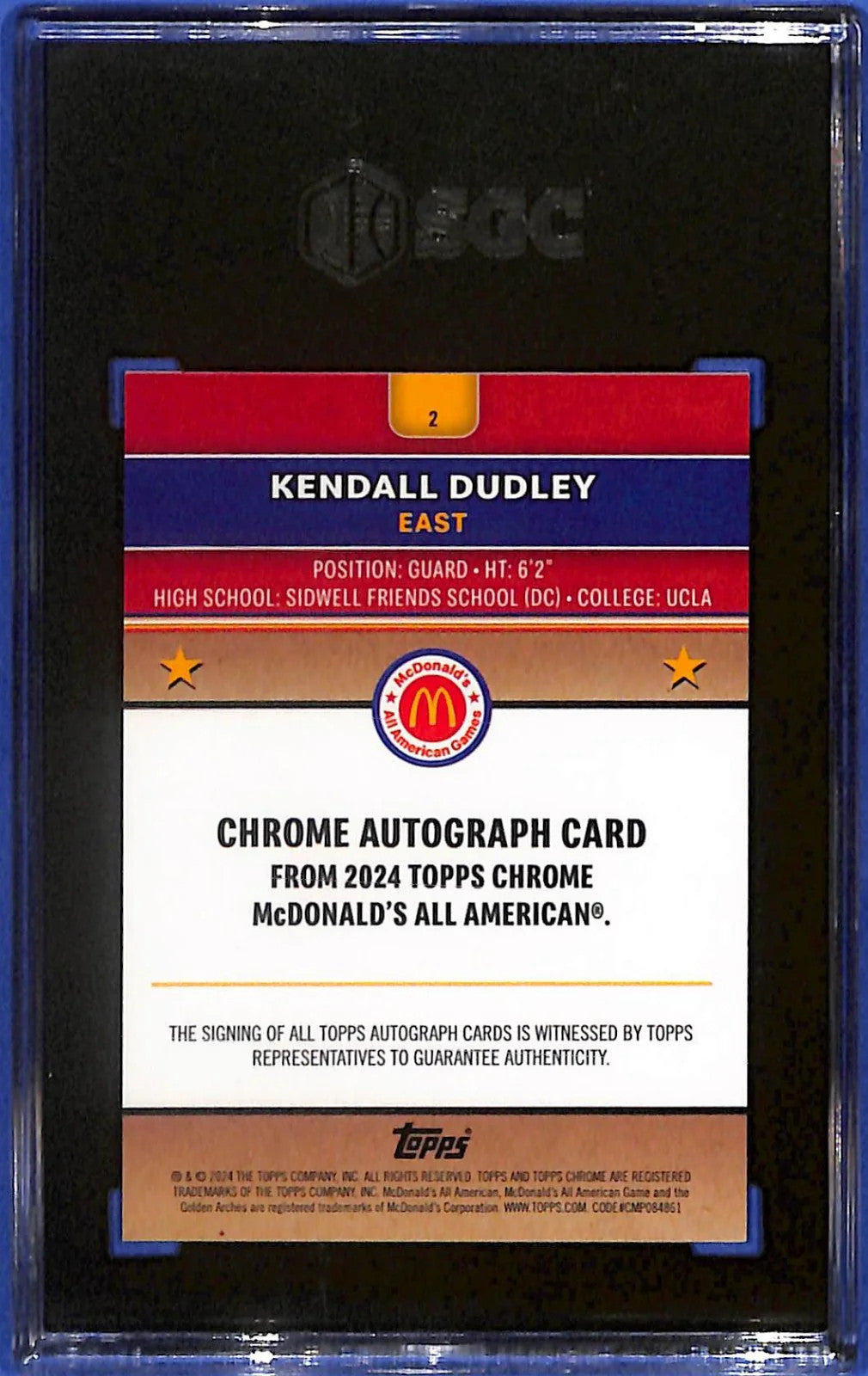 2024 Topps Chrome Mcdonald's A.A. Kendall Dudley #2 Gold Refractor #/50 SGC 9.5
