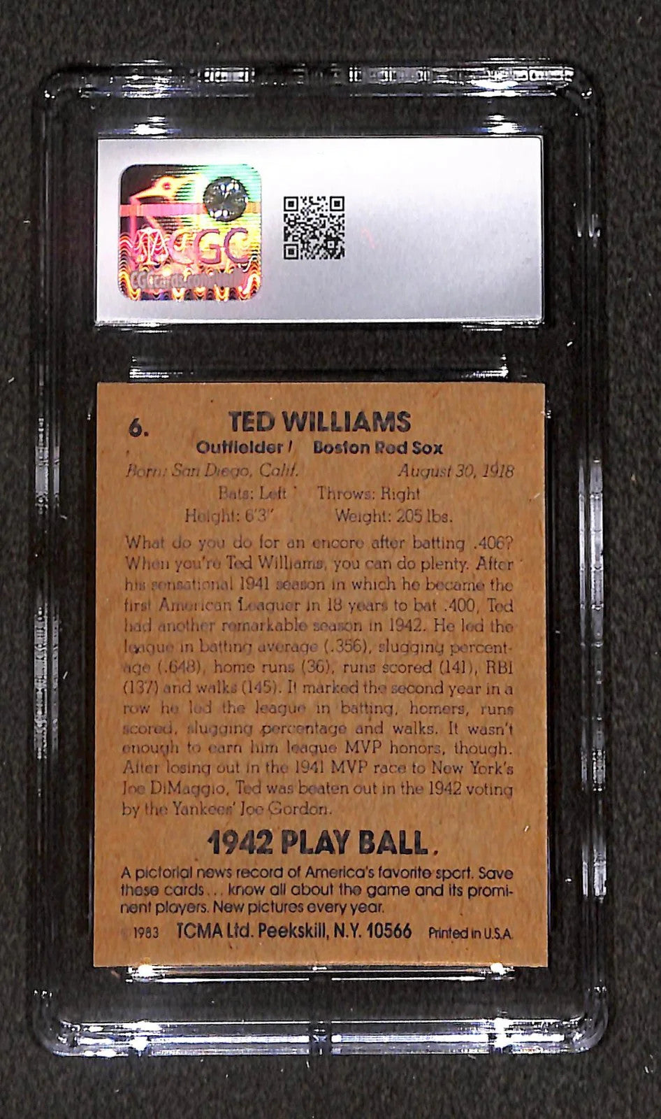 1983 TCMA 1942 Play Ball Ted Williams (HOF) #6 CGC 8 Near Mint Boston Red Sox