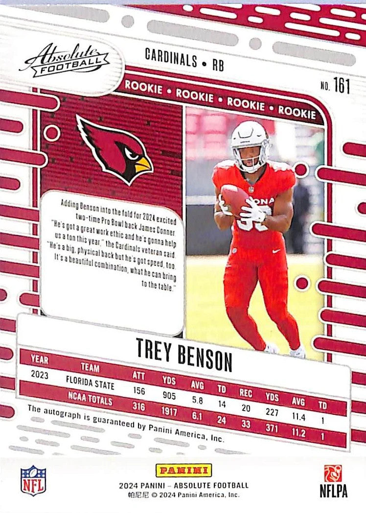 2024 Absolute Trey Benson Auto Autograph Rookie RC /299 Cardinals