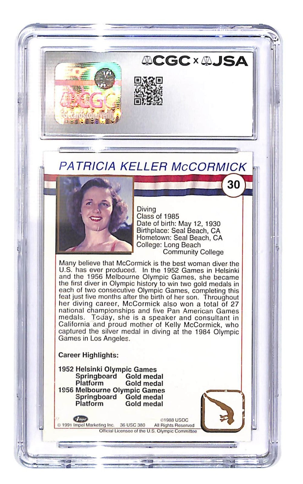1991 Impel U.S. Olympicards Hall of Fame Pat McCormick #30 CGC Authentic Auto 9