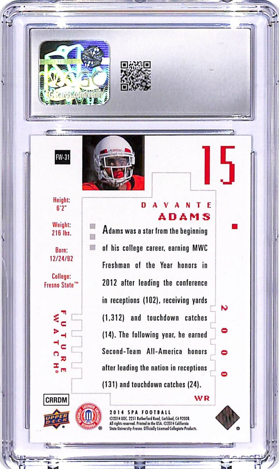 2014 SP Authentic Davante Adams Future Watch Rookie RC /999 #31 CGC 10