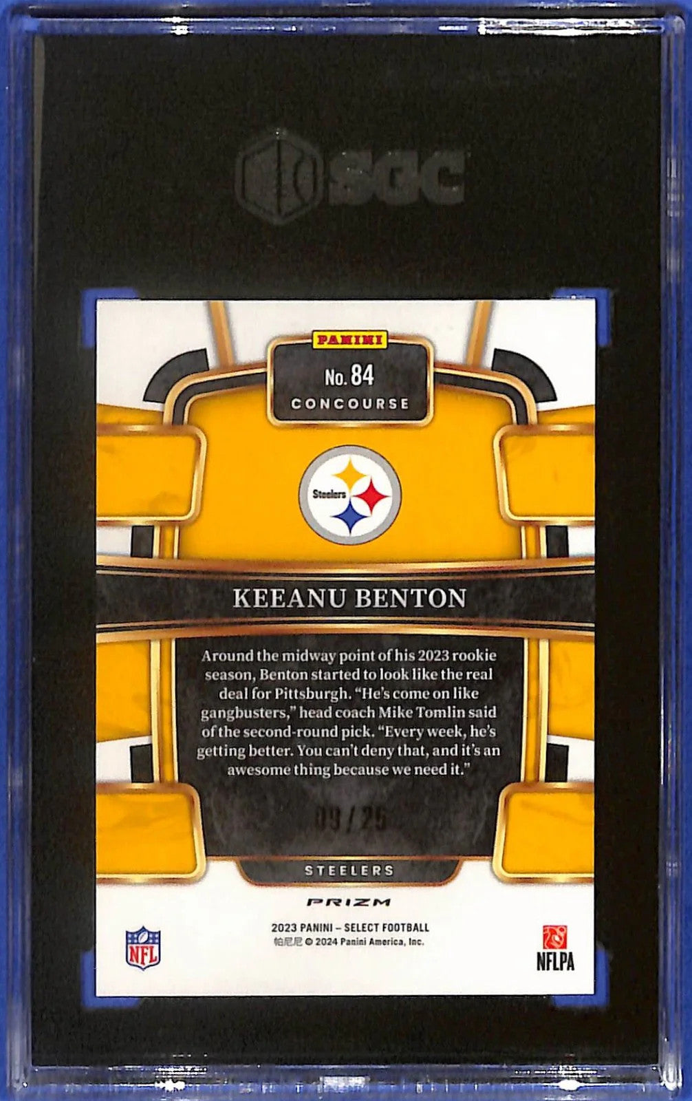 2023 Keeanu Benton Panini Select #84 Blue Disco Prizm #9/25 (RC) SGC 10 Steelers