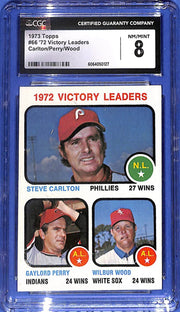 1973 Topps - League Leaders Steve Carlton, Gaylord Perry, Wilbur Wood #66 CGC 8
