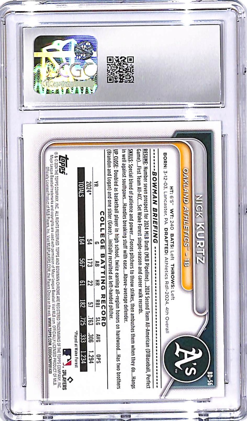 2024 Bowman Draft Nick Kurtz Rookie RC CGC 9 Athletics