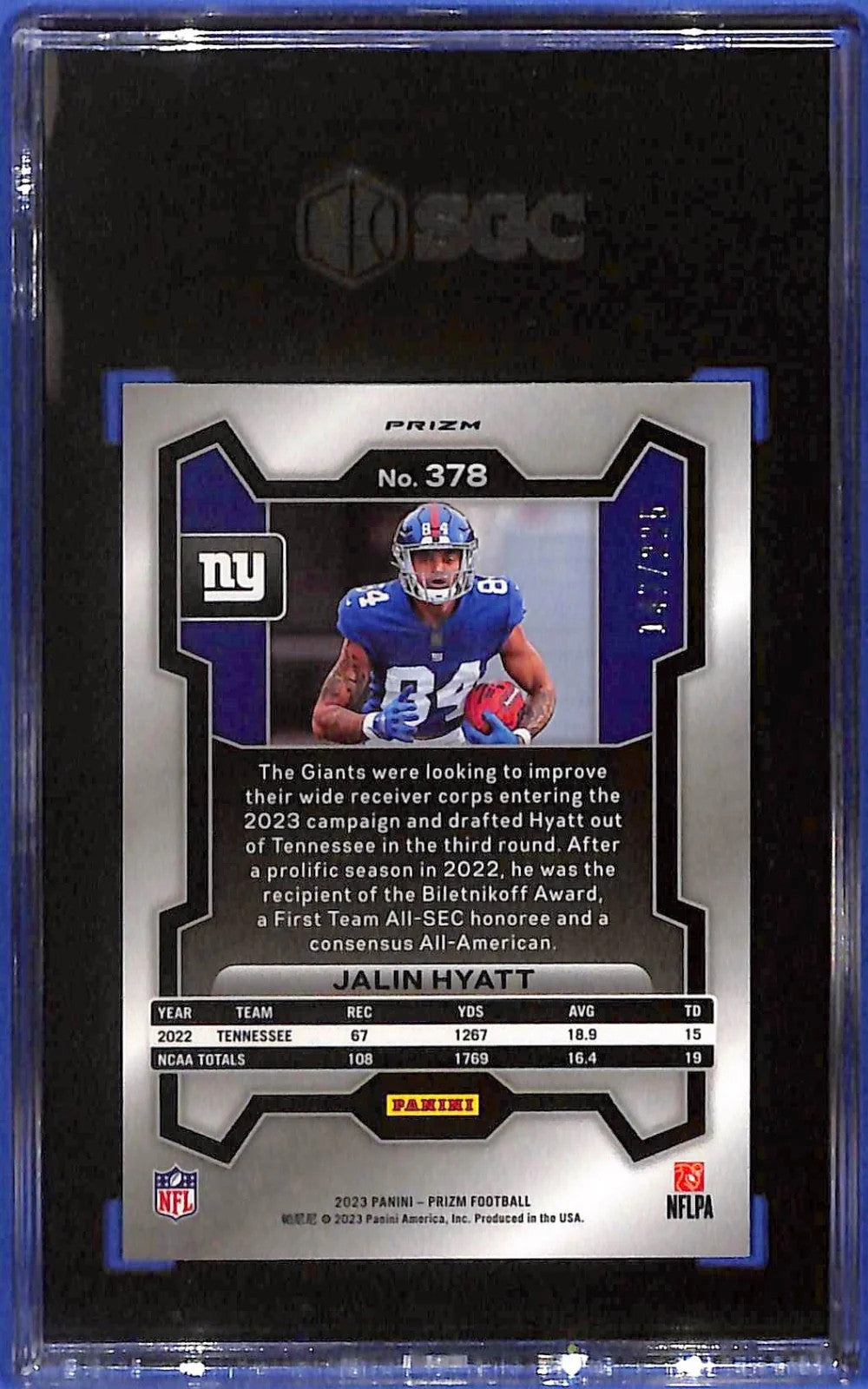 2023 Jalin Hyatt Panini Prizm #378 Purple Ice Prizm #147/225 (RC) SGC 9.5