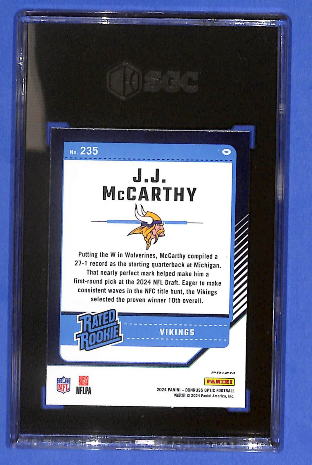 2024 Panini Donruss Optic J.J. McCarthy RC #235 Purple Shock Prizm SGC 10 GM