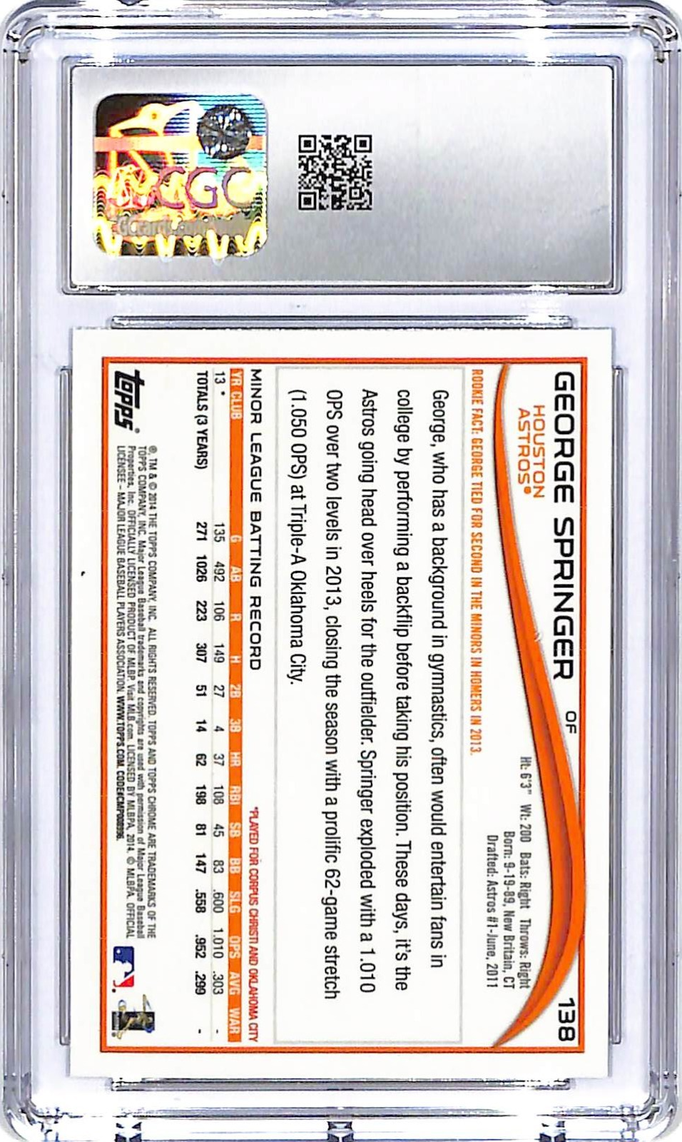 2014 Topps Chrome George Springer Rookie RC #138 CGC 9.5 Astros