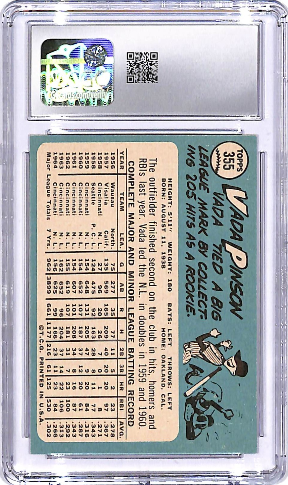 1965 Topps Vada Pinson #355 CGC 7.5 Reds